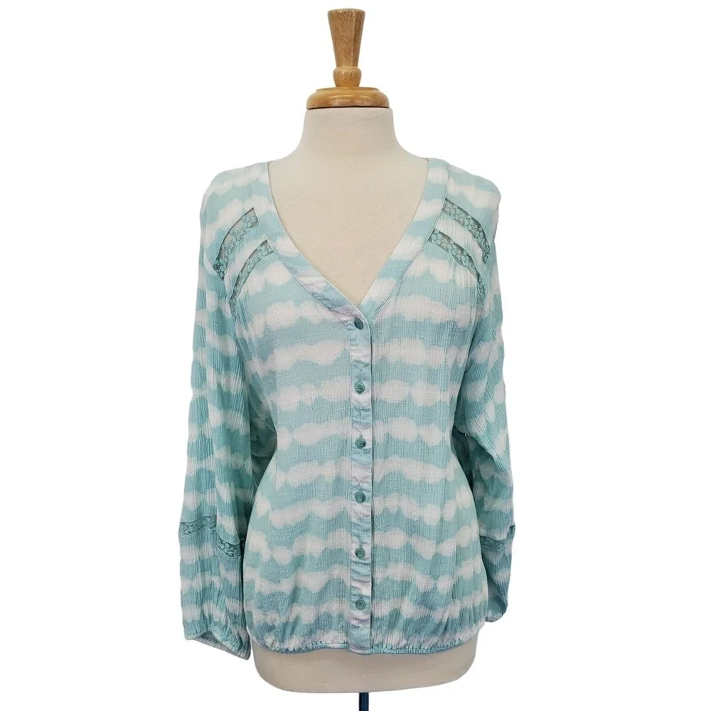 Lane Bryant Womens 26/28 Blue Aqua Tie-Dye Top Button Front Long Sleeve Blouse - Picture 2 of 14